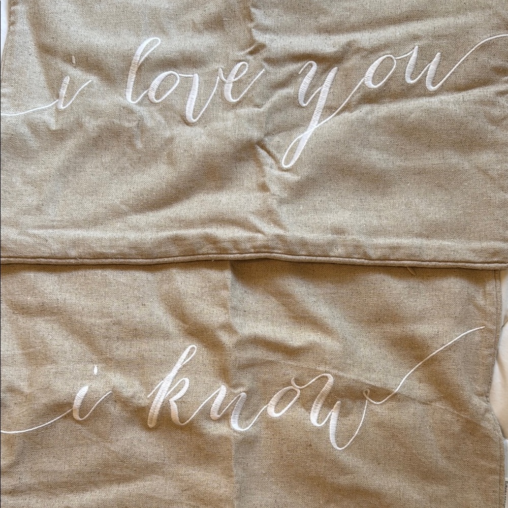 Tan Pillow Covers with White Script
